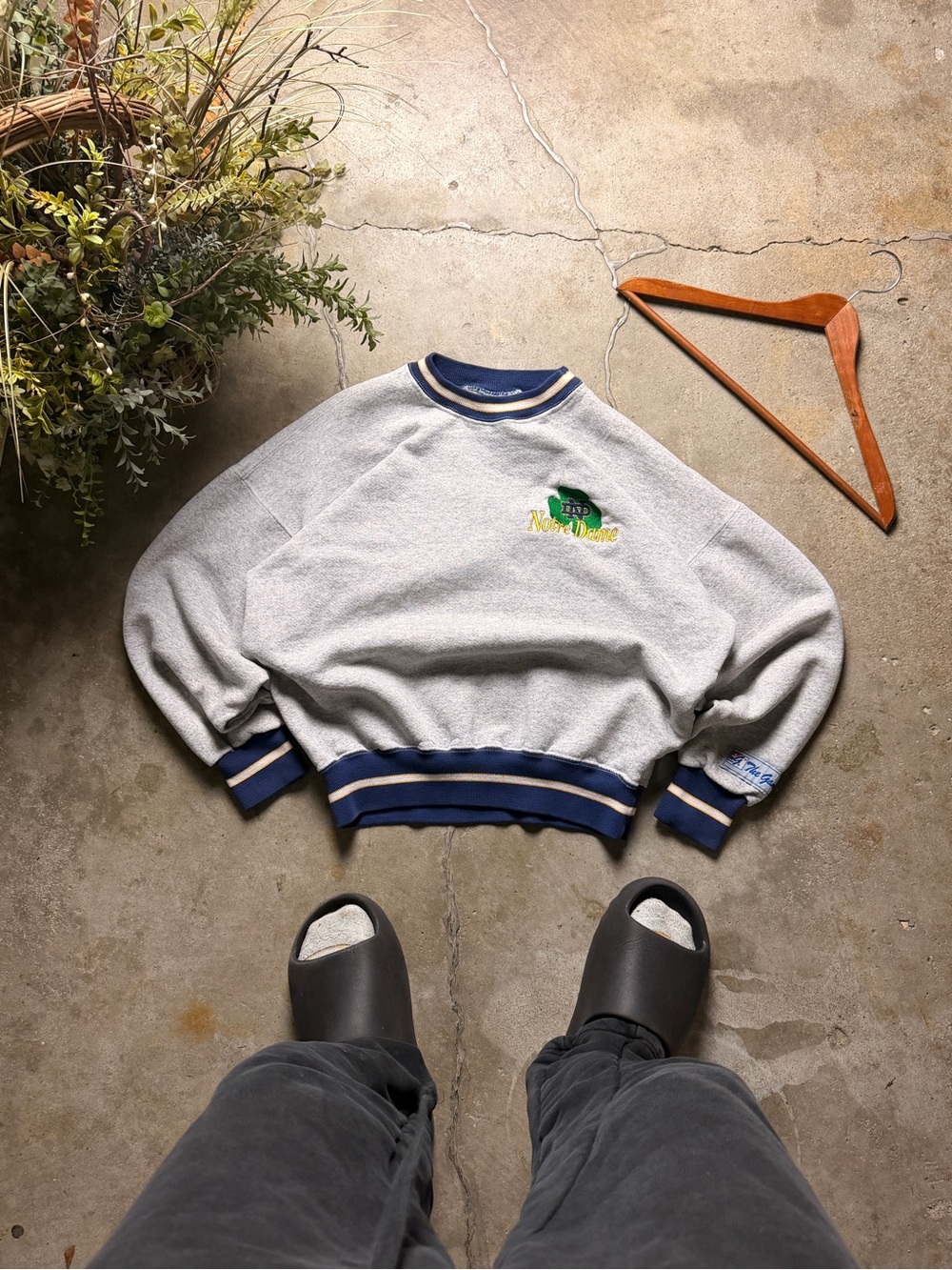 The Game Men’s Gray Crewneck Sweatshirt with Navy Trim and Green Logo